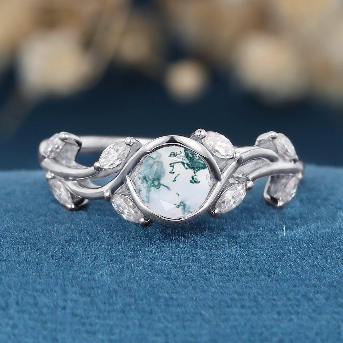 Nature Inspired Round cut Moss Agate Leaf Gold Engagement Ring
