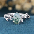 Nature Inspired Oval cut Moss Agate Leaf Gold Engagement Ring