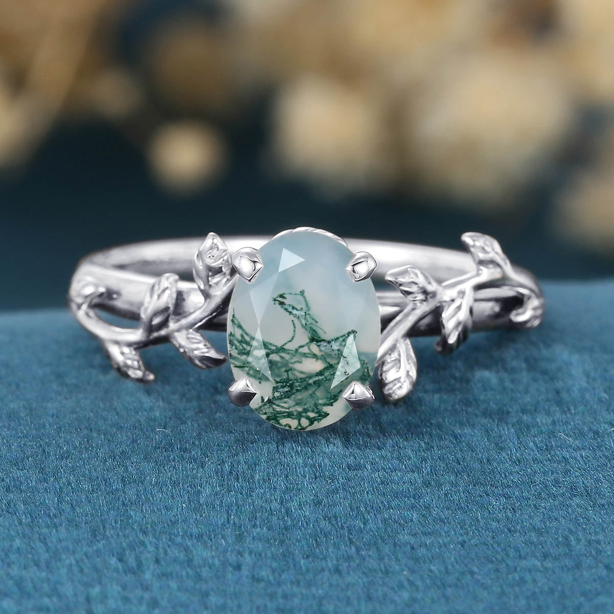 Nature Inspired Oval cut Moss Agate Leaf Gold Engagement Ring