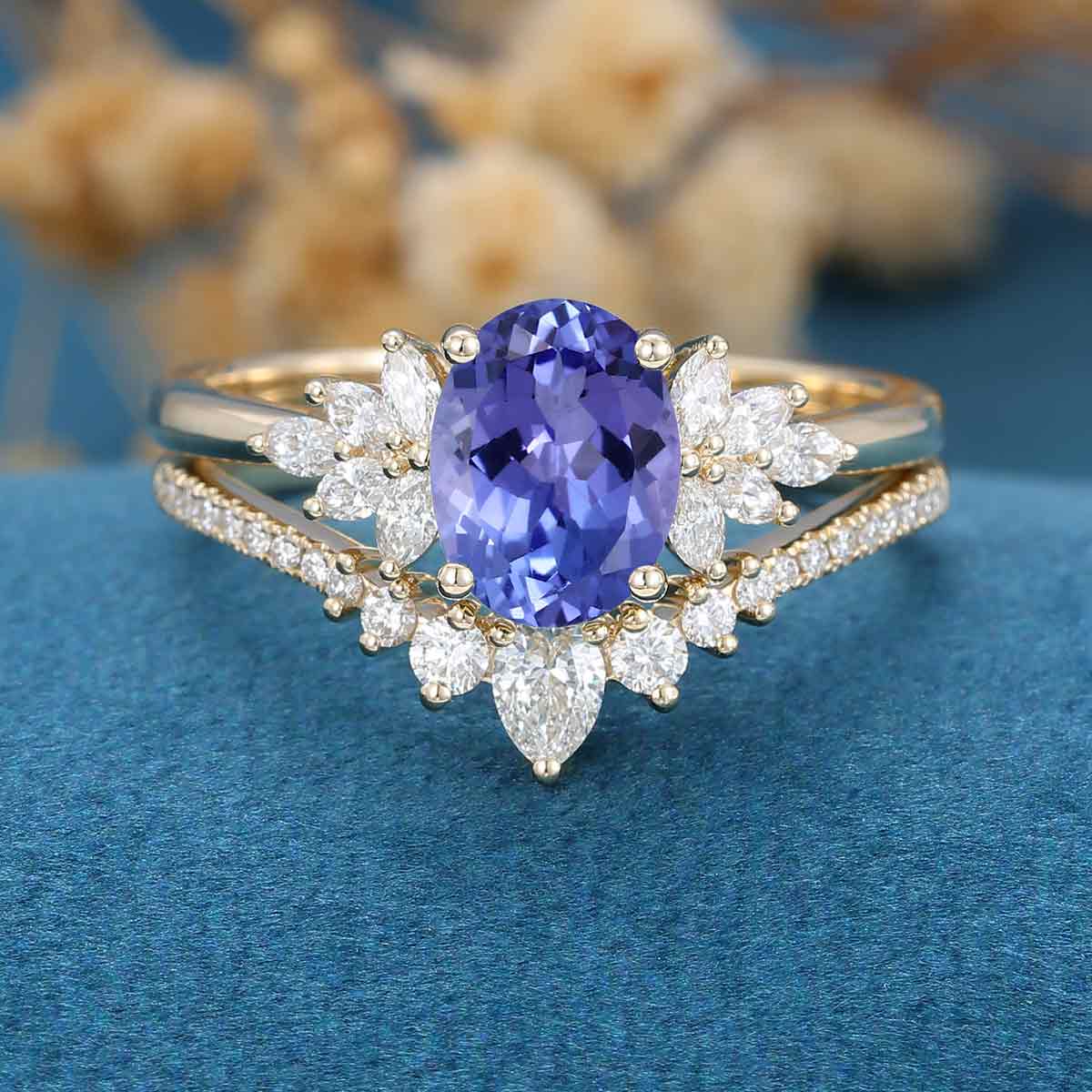 Oval cut Tanzanite Cluster Engagement ring Bridal Set