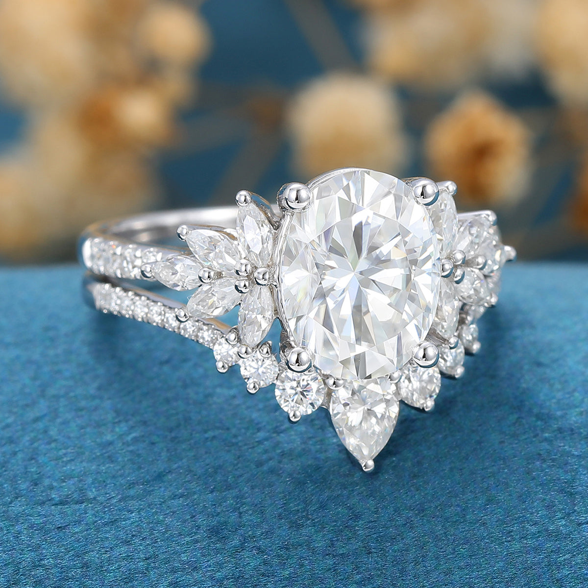 Oval cut Cluster Moissanite engagement ring set vintage