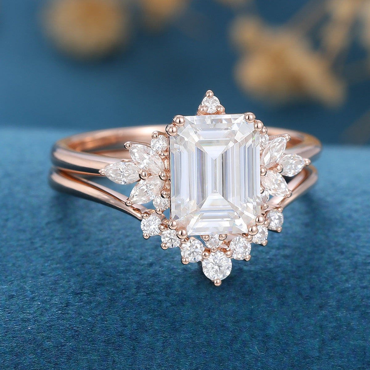 Emerald cut Moissanite Cluster Engagement ring Bridal Set