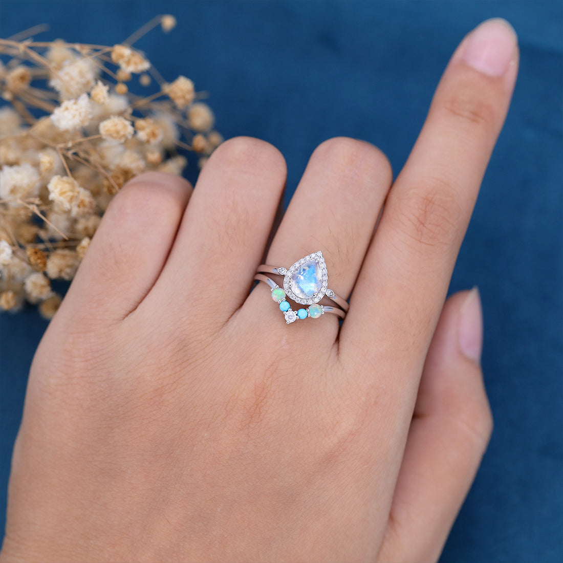 Pear cut Moonstone Halo  Engagement ring Bridal Set