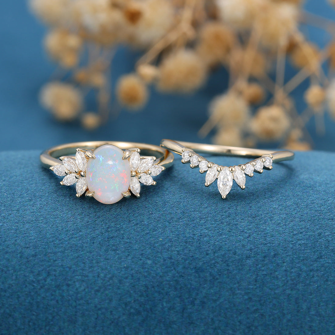 1.0Carat Oval Opal Cluster Engagement Bridal Set