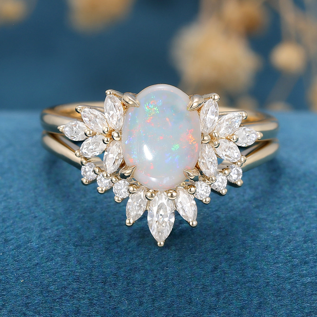 Oval cut Opal Cluster Engagement Bridal Set