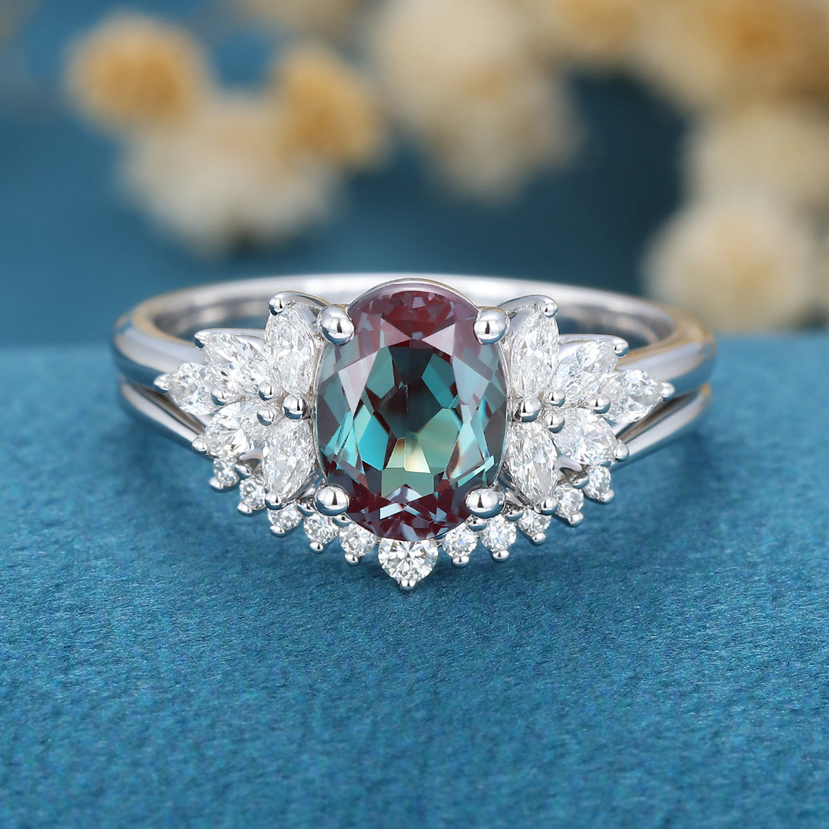 2PCS Oval cut Alexandrite Engagement ring Bridal Set