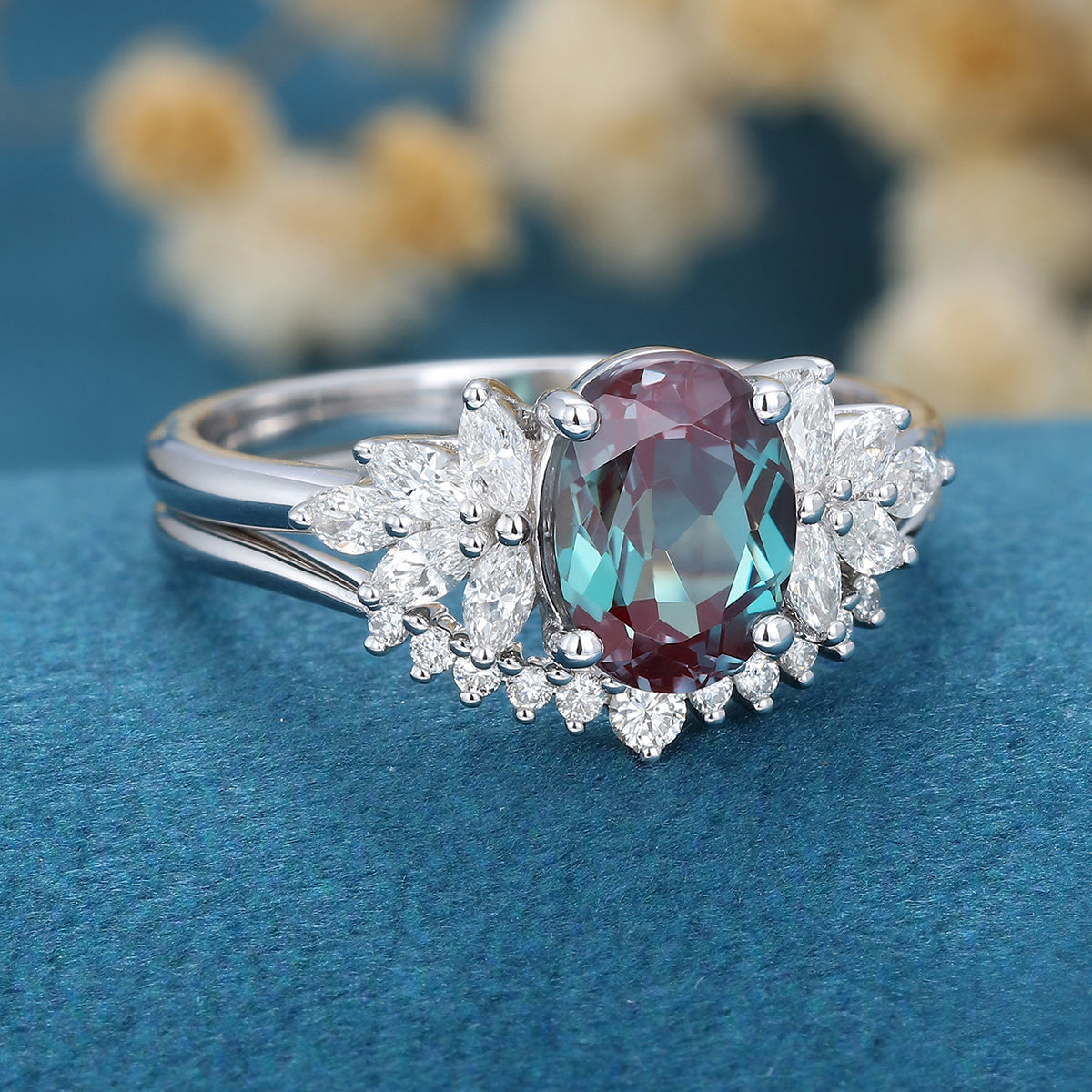 2PCS Oval cut Alexandrite Engagement ring Bridal Set