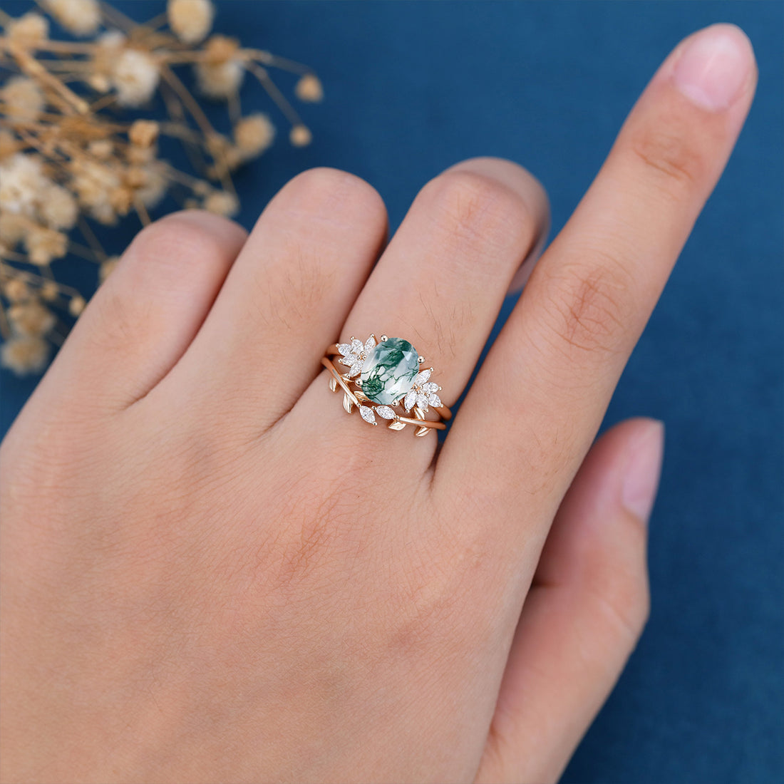 Natural Green Moss Agate 2PCS Oval Cluster Engagement Ring Bridal Sets