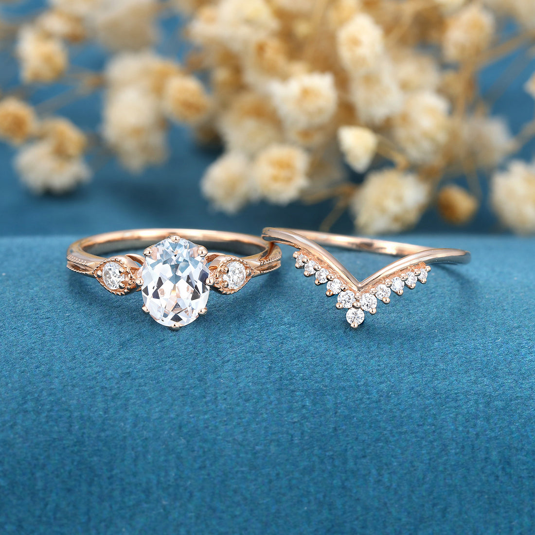 2PCS Oval cut Moissanite Cluster Engagement ring Bridal Set