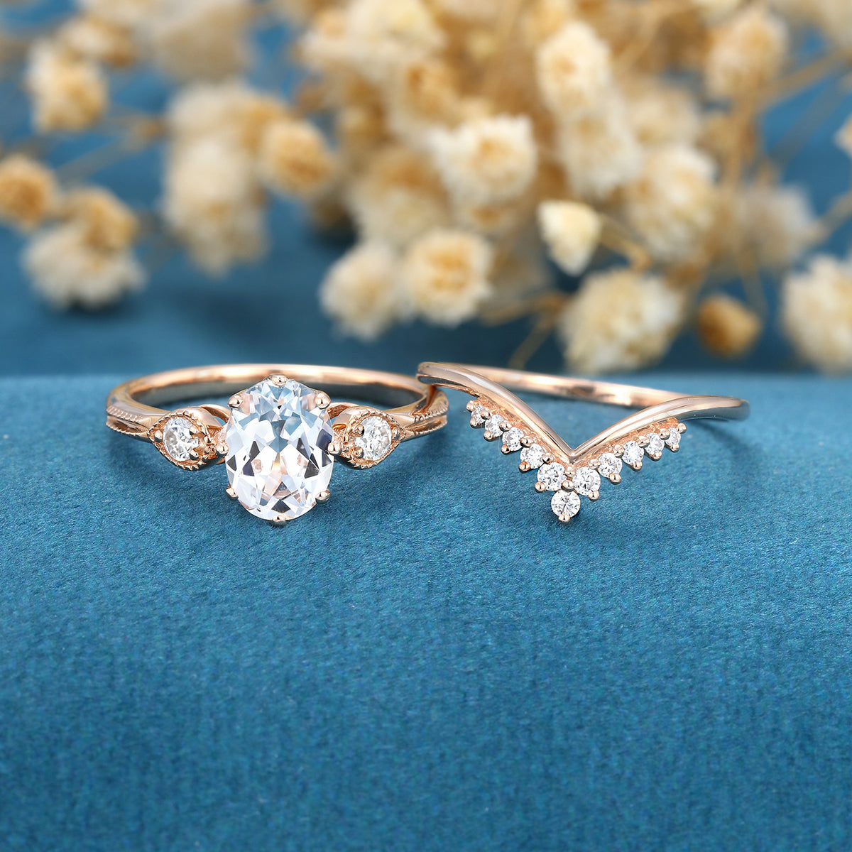 2PCS Oval cut Moissanite Cluster Engagement ring Bridal Set