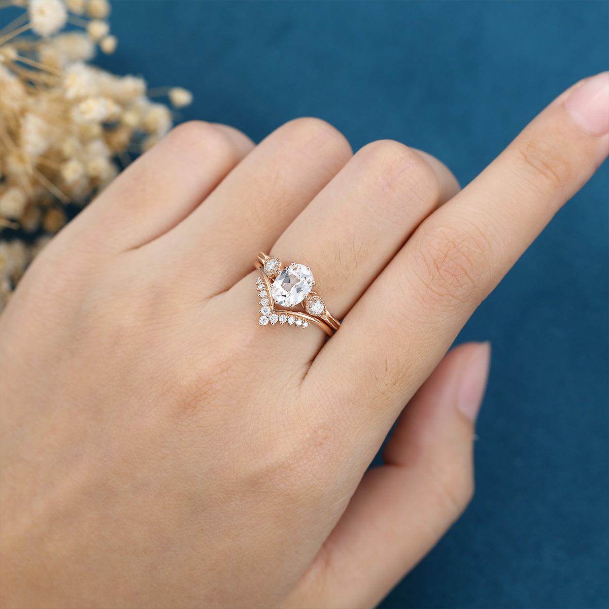 2PCS Oval cut Moissanite Cluster Engagement ring Bridal Set