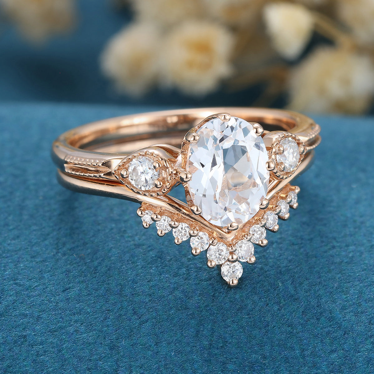 2PCS Oval cut Moissanite Cluster Engagement ring Bridal Set