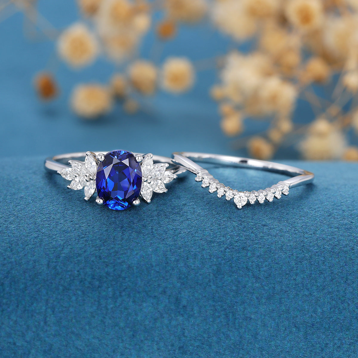 2PCS Oval cut  Sapphire Engagement ring Bridal Set
