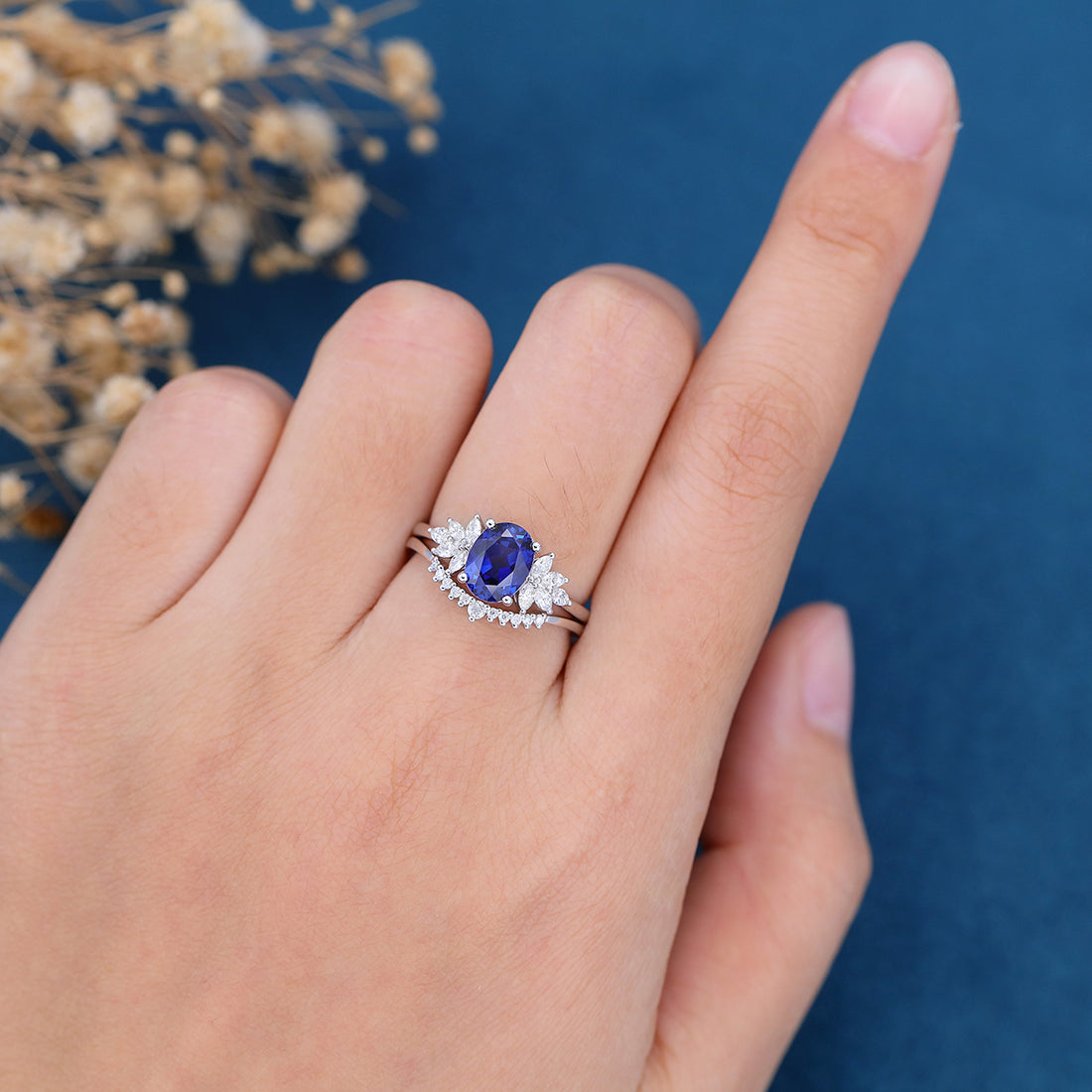 2PCS Oval cut  Sapphire Engagement ring Bridal Set
