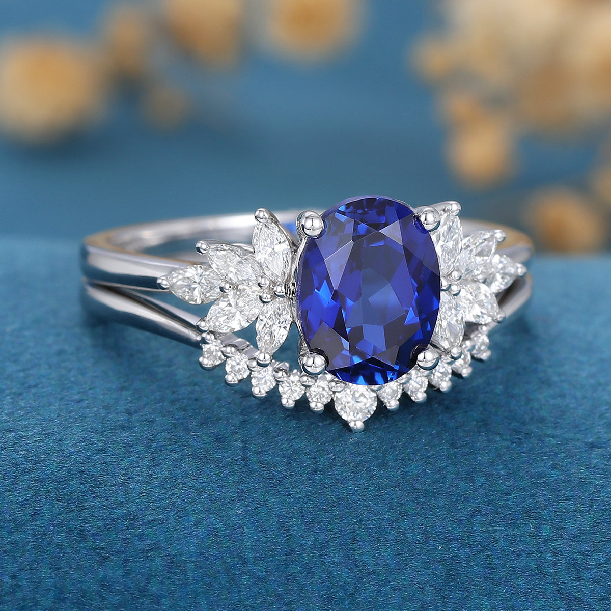 2PCS Oval cut  Sapphire Engagement ring Bridal Set