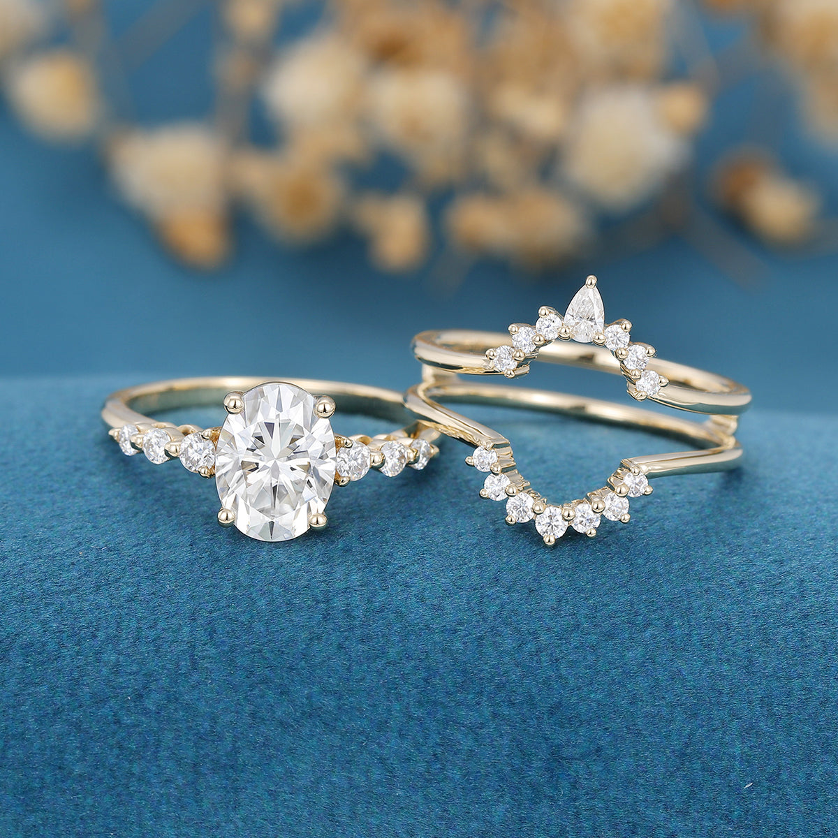 2PCS 1.5 Carat Oval cut Moissanite Engagement ring Bridal Set
