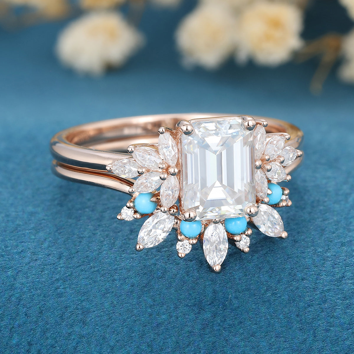 2PCS Emerald Cut Moissanite Cluster Engagement ring Bridal Set