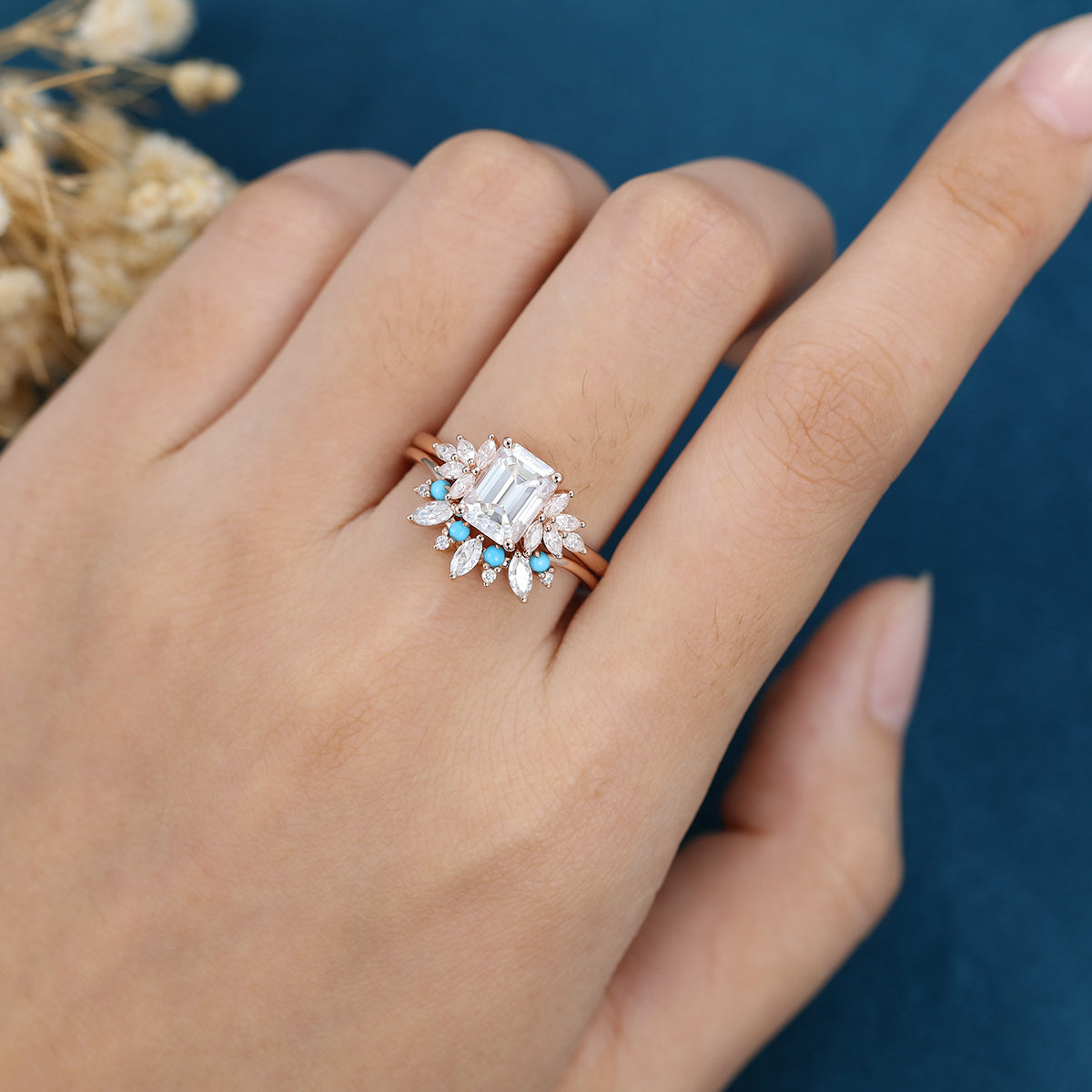 2PCS Emerald Cut Moissanite Cluster Engagement ring Bridal Set
