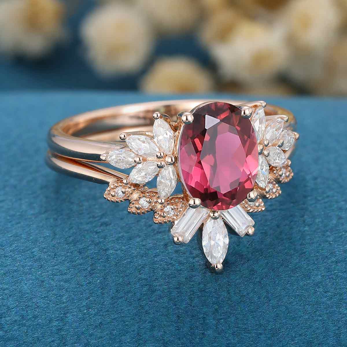 Oval cut Tourmaline Cluster Engagement ring Bridal Set