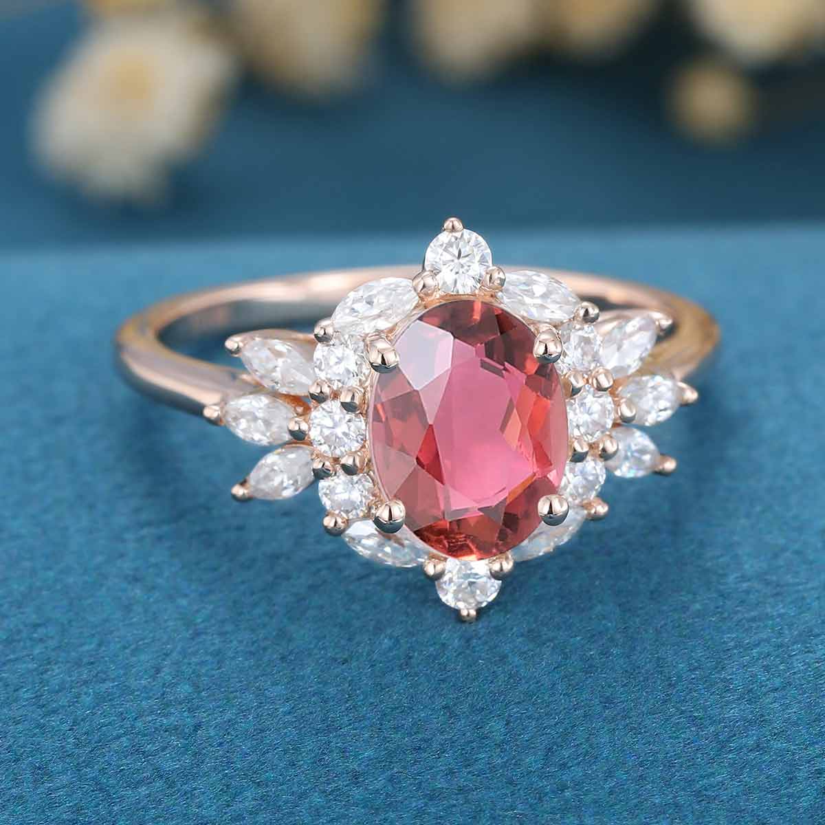 Oval cut Tourmaline Cluster Engagement ring
