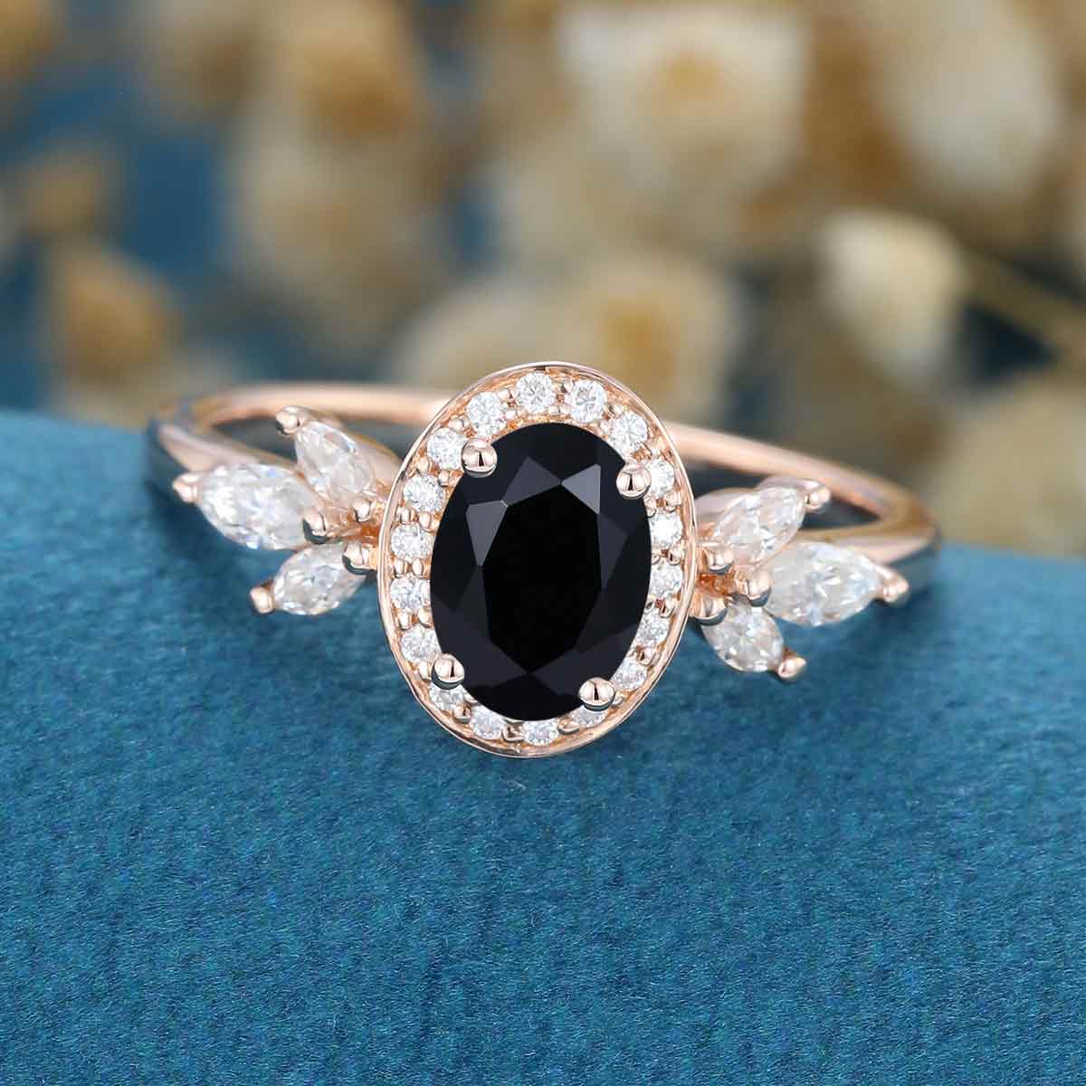Oval cut Black Onyx Cluster Engagement Ring