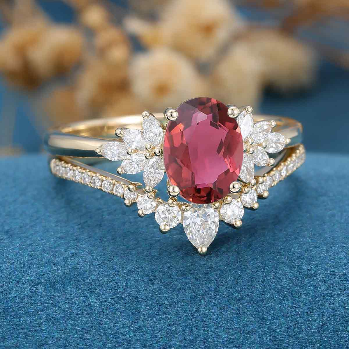Oval cut Tourmaline Cluster Engagement ring Bridal Set