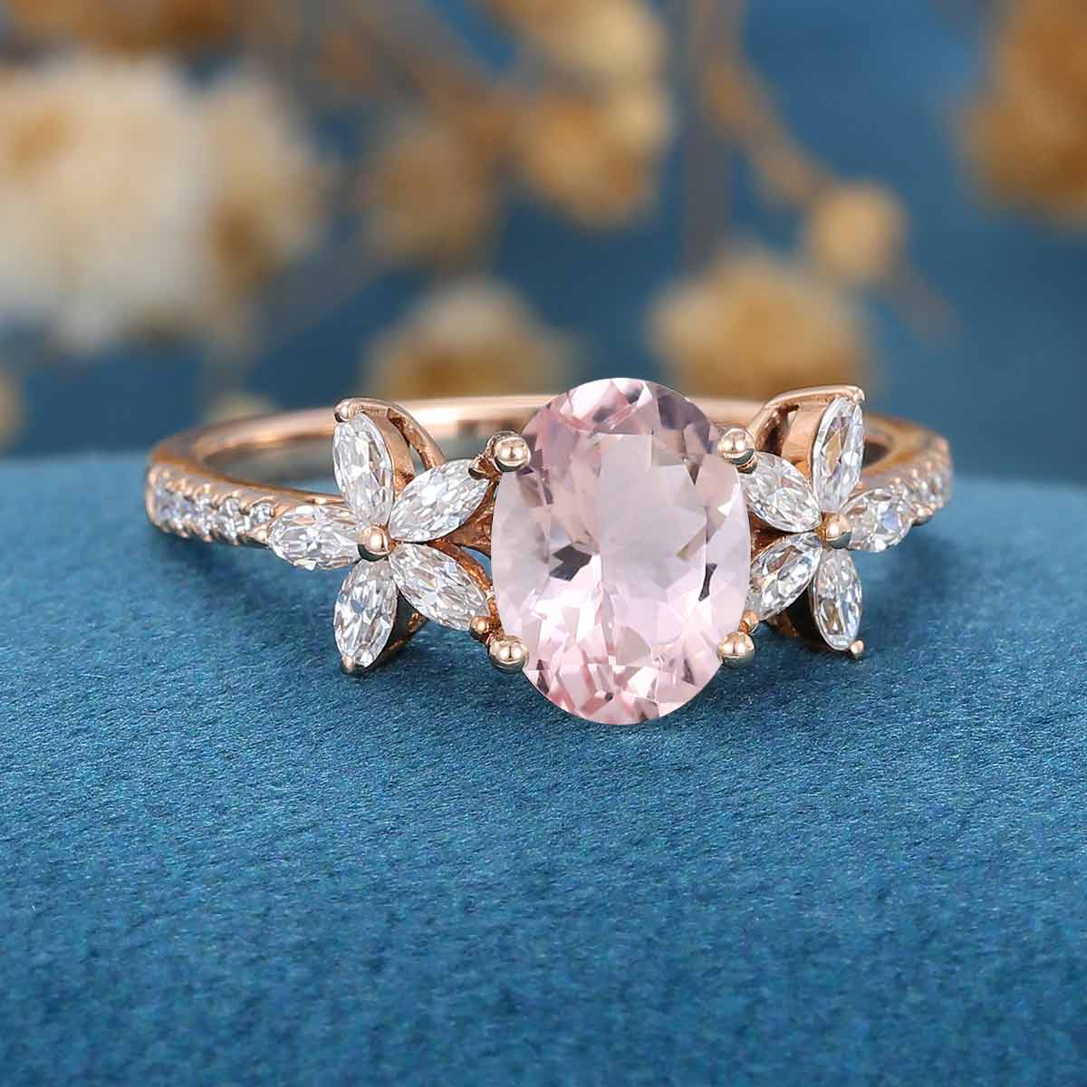 Oval cut Morganite Cluster Engagement Ring