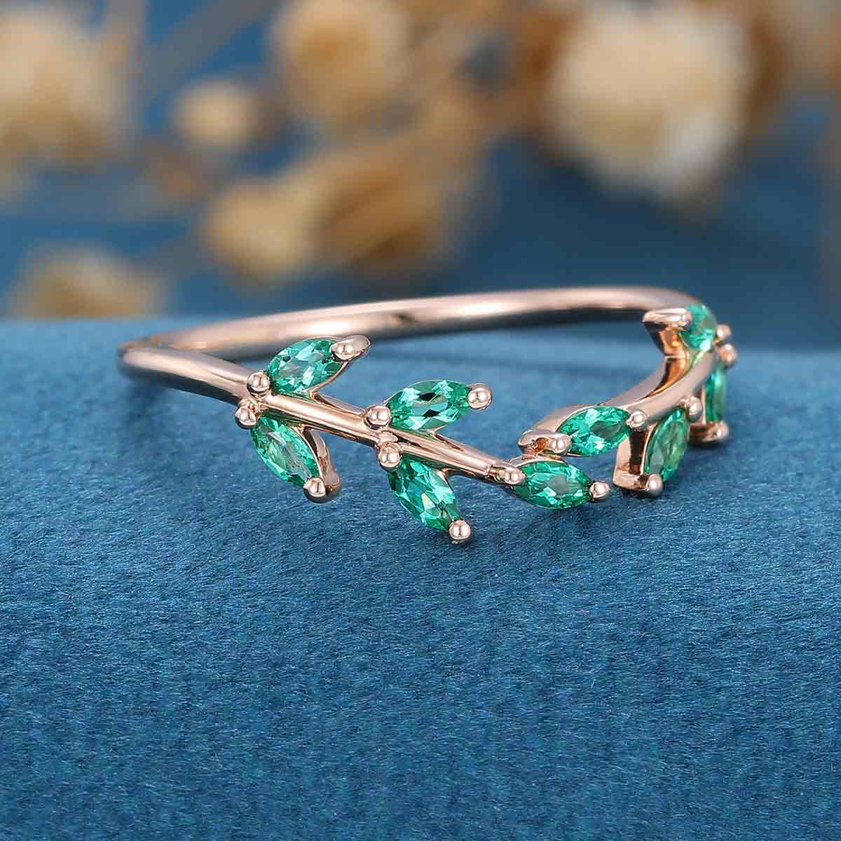 Marquise cut Natural Emerald Curved Wedding Band Ring