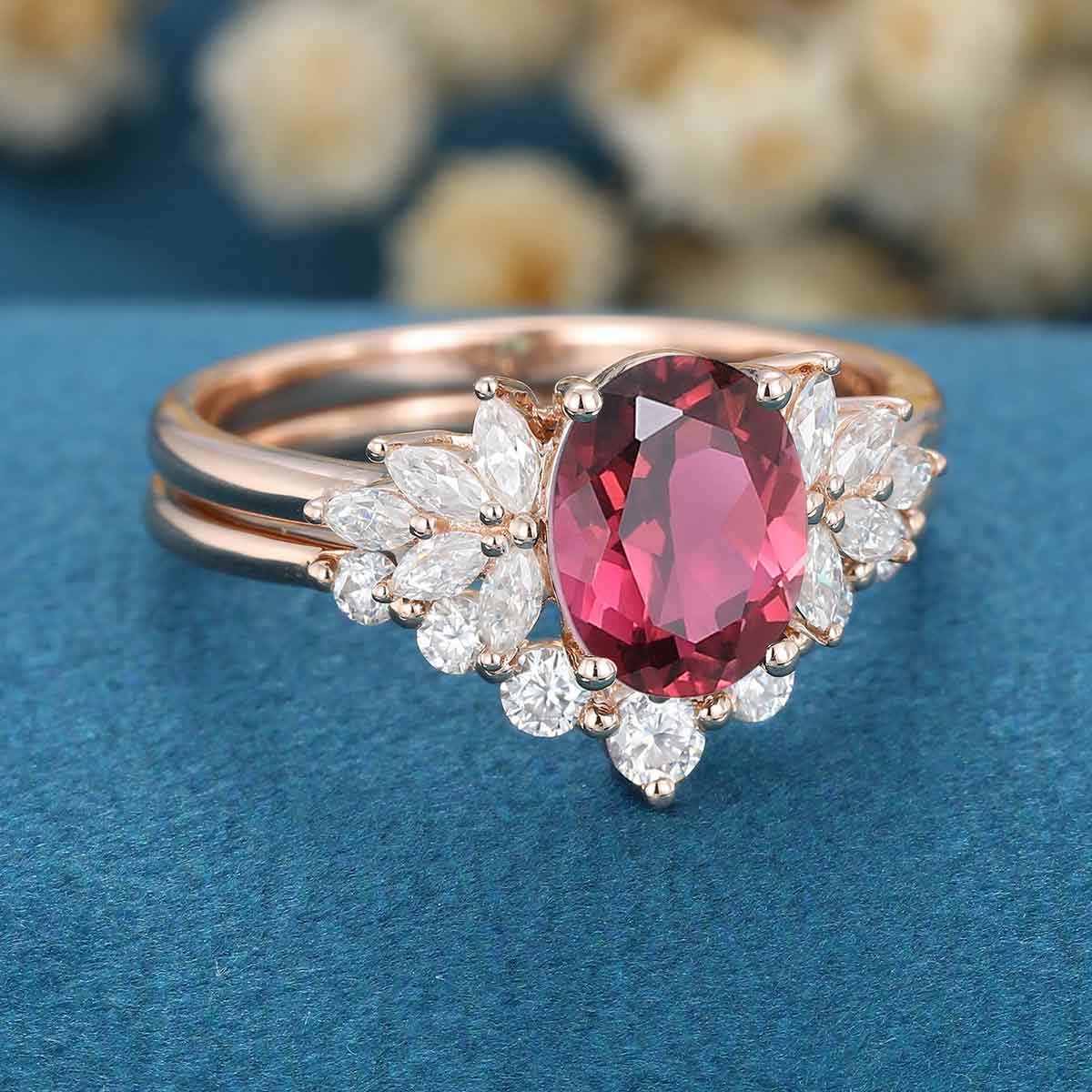 Oval cut Tourmaline Cluster Engagement ring Bridal Set