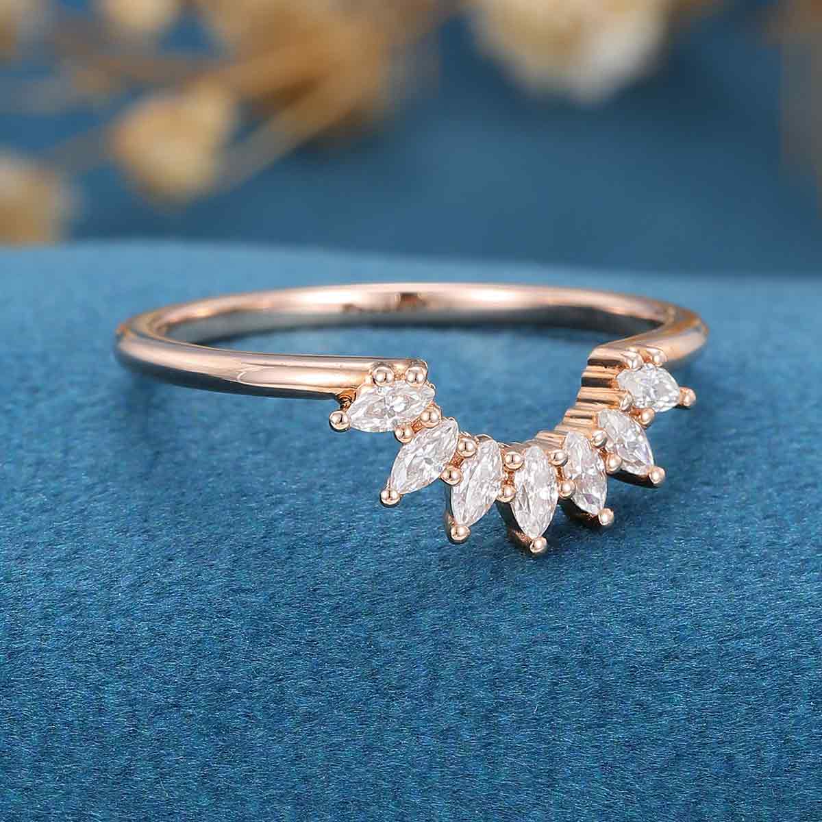 Marquise Moissanite | Diamond Curved Wedding Band Ring