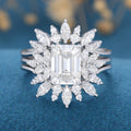 1.75 Carat Emerald cut Moissanite Cluster Engagement Ring Bridal Set