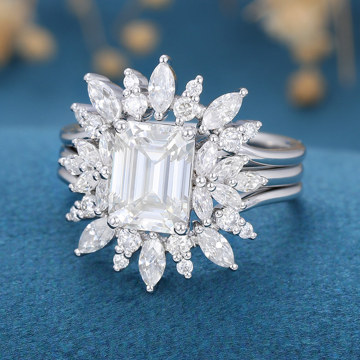 1.75 Carat Emerald cut Moissanite Cluster Engagement Ring Bridal Set