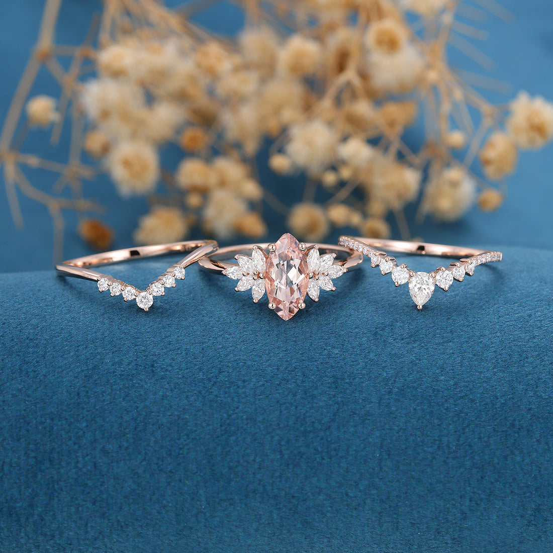 1.0Carat Marquise cut Morganite Cluster Engagement ring Bridal Set