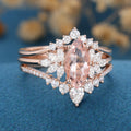 3PCS Marquise cut Morganite Cluster Engagement ring Bridal Set