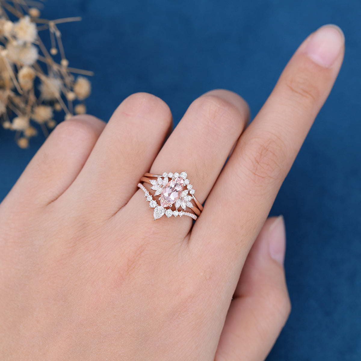 3PCS Marquise cut Morganite Cluster Engagement ring Bridal Set