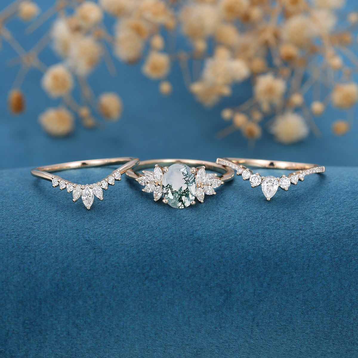 Natural Green Moss Agate 3PCS Oval cut Cluster Engagement ring Bridal Sets