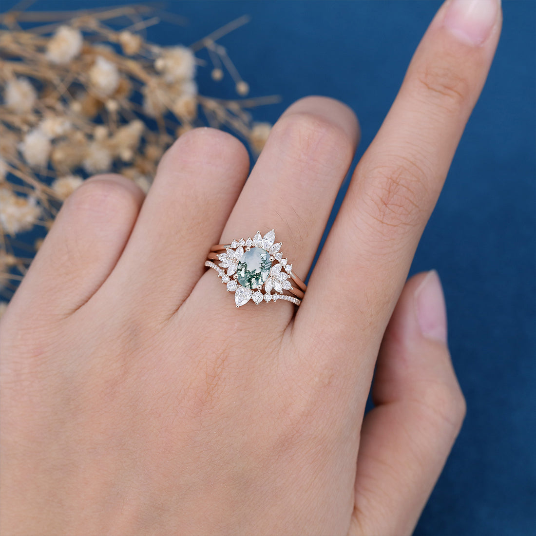 Natural Green Moss Agate 3PCS Oval cut Cluster Engagement ring Bridal Sets
