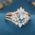 Natural Green Moss Agate 3PCS Oval cut Cluster Engagement ring Bridal Sets