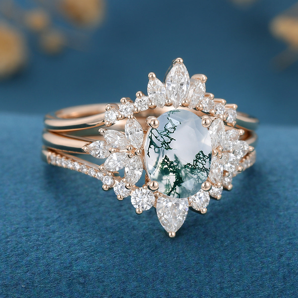 Natural Green Moss Agate 3PCS Oval cut Cluster Engagement ring Bridal Sets
