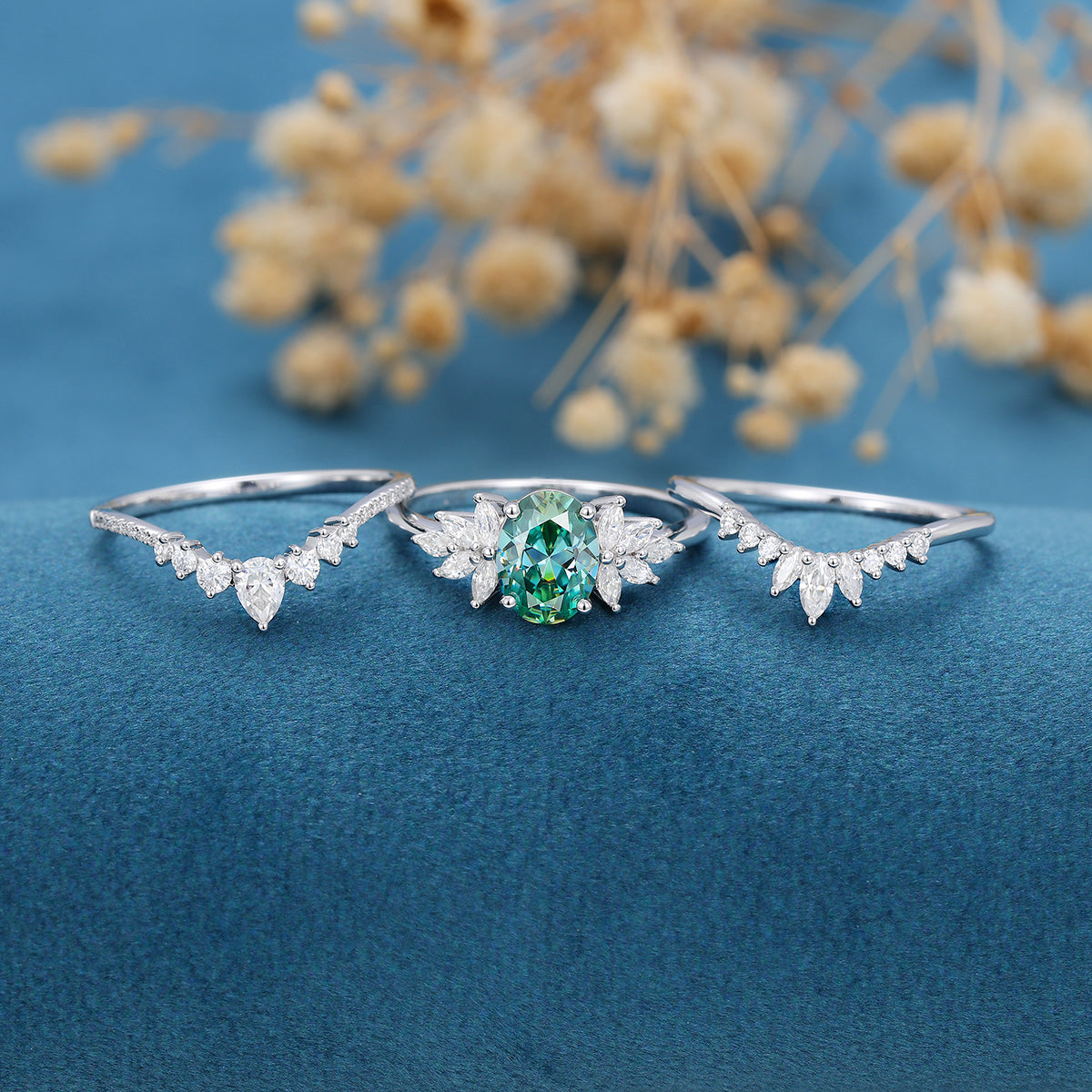 3PCS 1.5 Carat Oval cut Green Moissanite Cluster Engagement Bridal Set