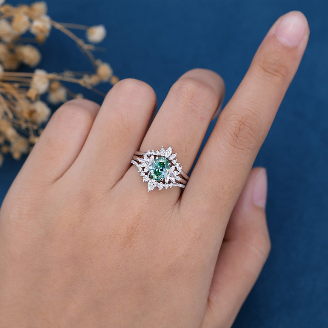 3PCS 1.5 Carat Oval cut Green Moissanite Cluster Engagement Bridal Set