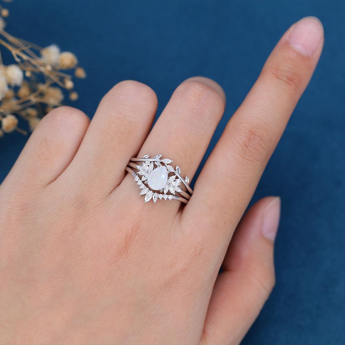 3PCS Pear cut Opal Engagement ring Bridal Set