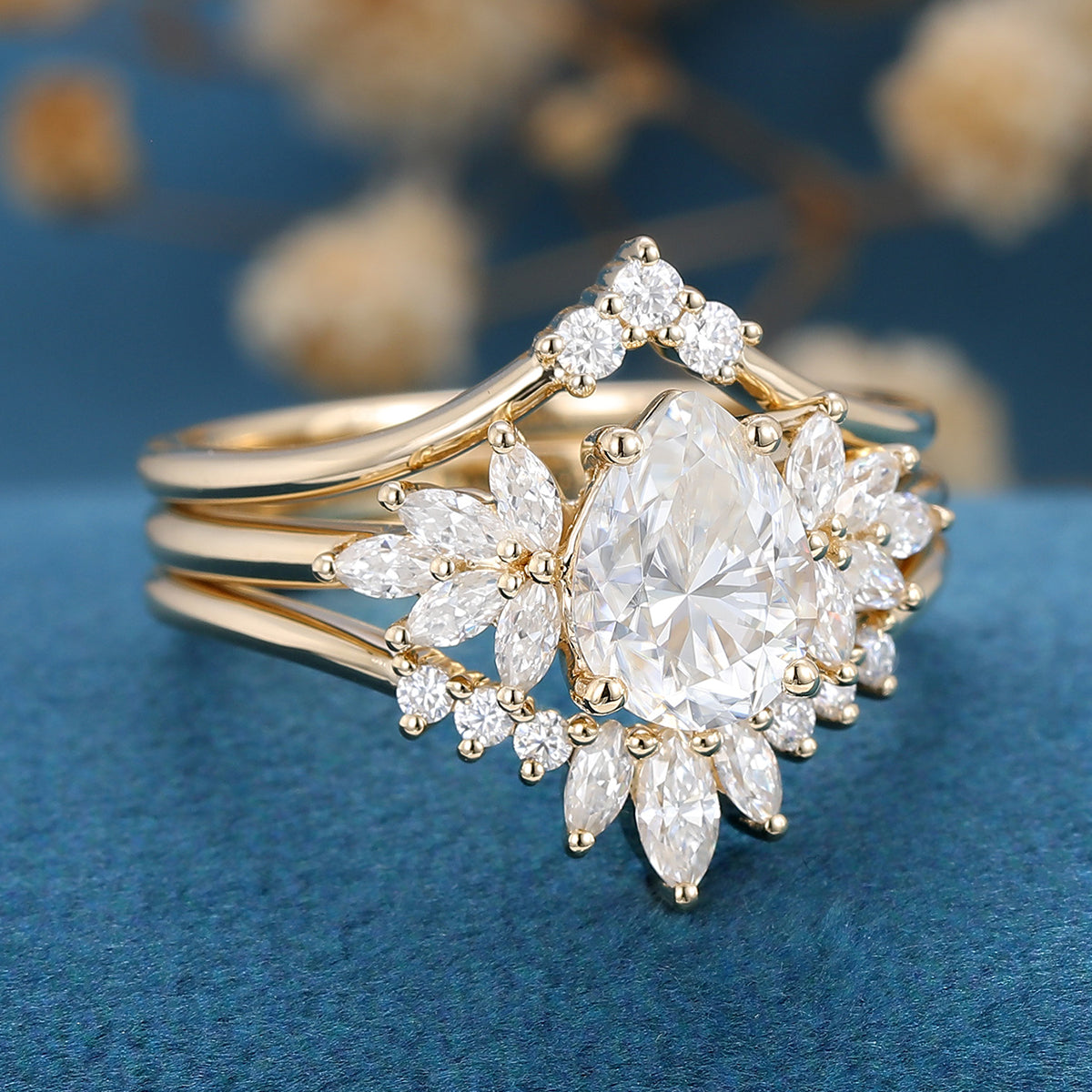 3PCS Pear cut Moissanite Cluster Engagement ring Bridal Set