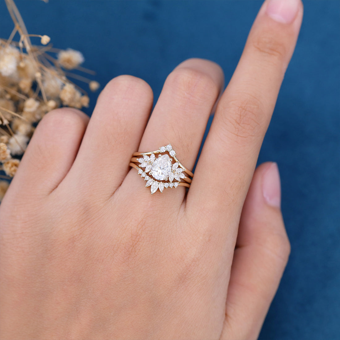 3PCS Pear cut Moissanite Cluster Engagement ring Bridal Set
