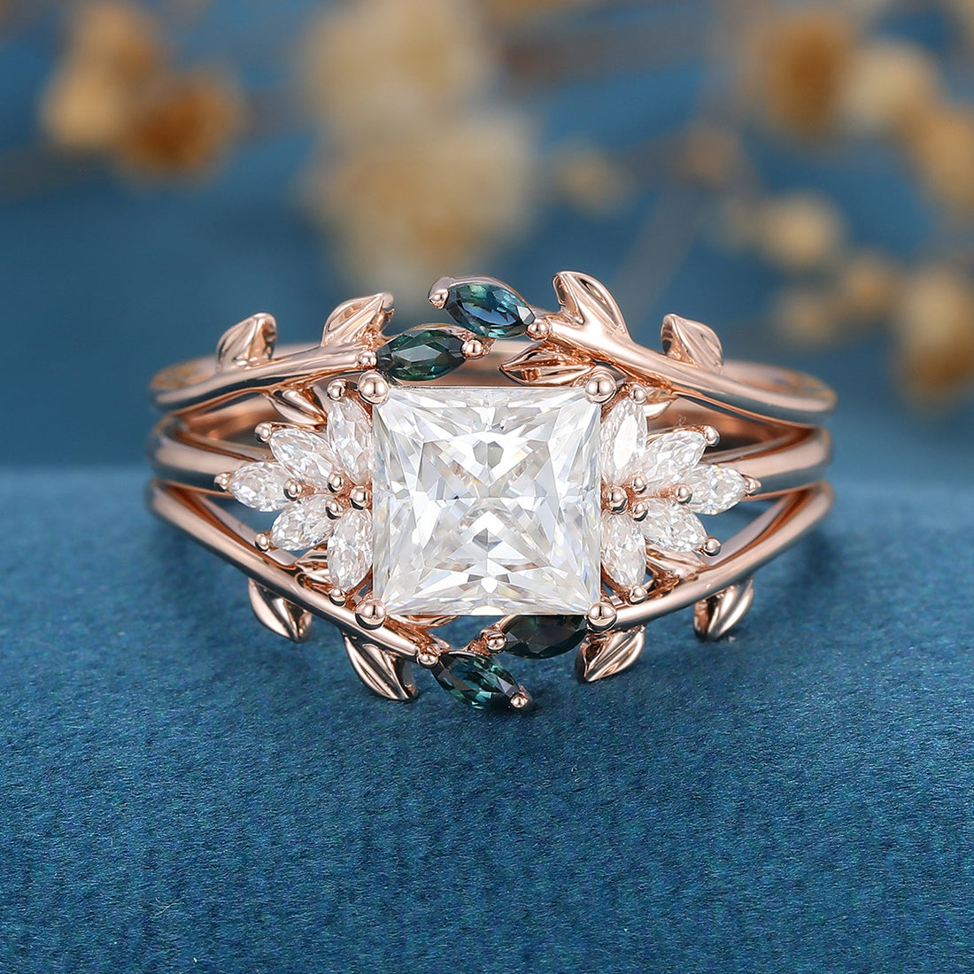 3PCS 2 Carat  Princess cut Moissanite cluster Engagement Ring Bridal Set