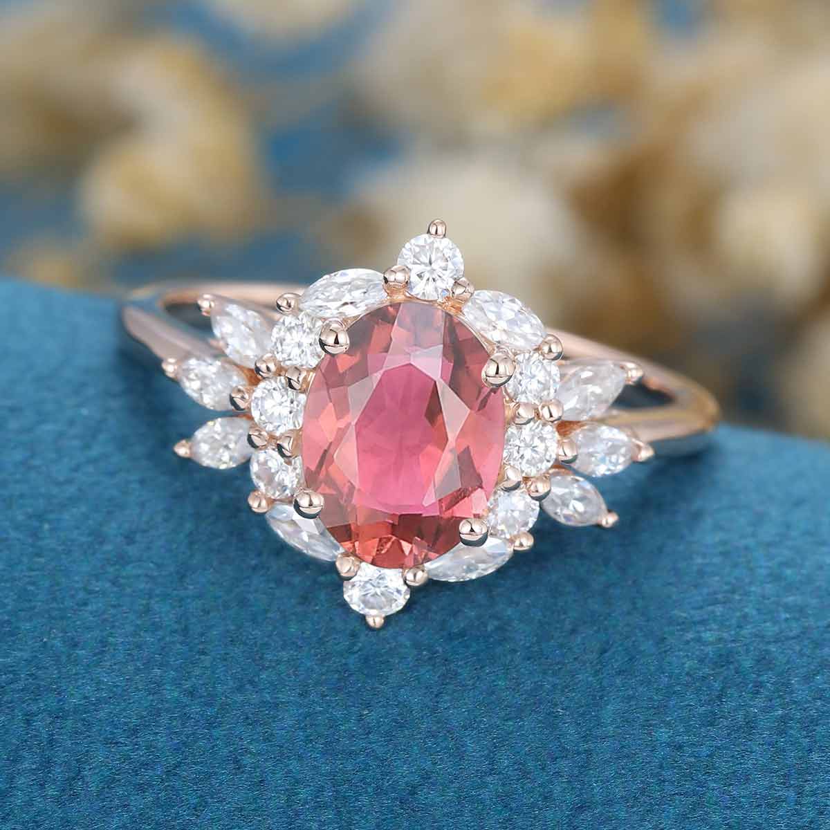 Oval cut Tourmaline Cluster Engagement ring