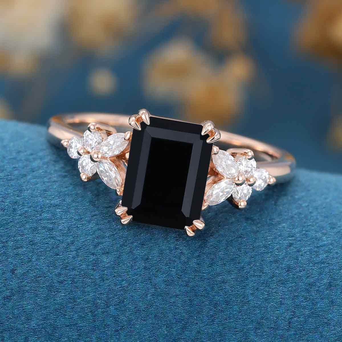 Emerald cut Black Onyx Cluster Engagement Ring