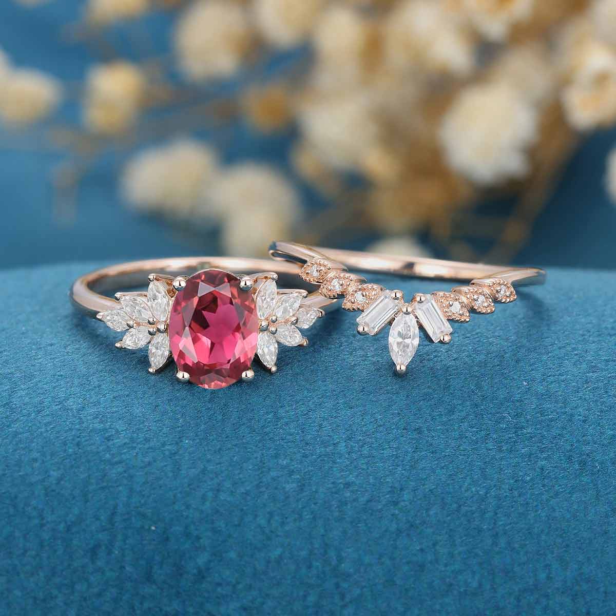 Oval cut Tourmaline Cluster Engagement ring Bridal Set