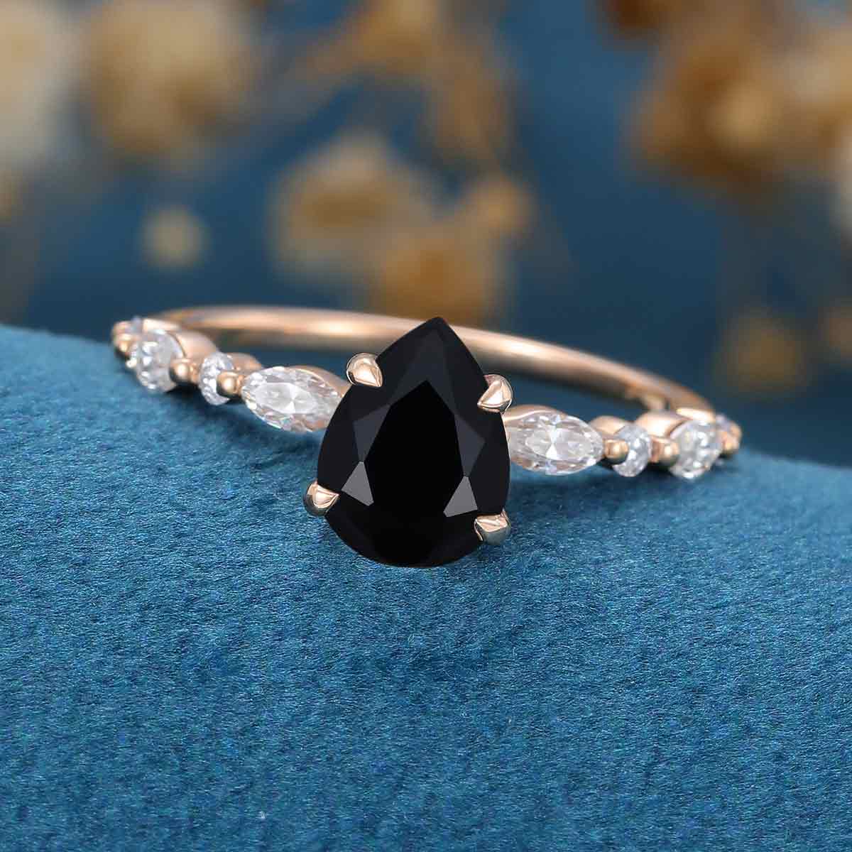 Pear cut Black Onyx Cluster Engagement Ring