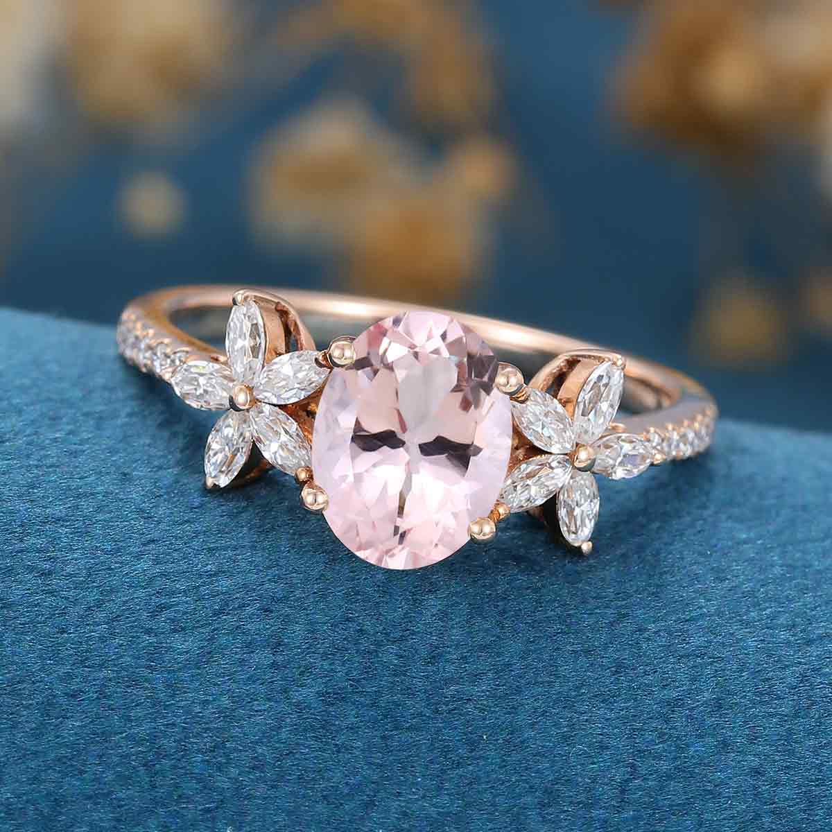 Oval cut Morganite Cluster Engagement Ring